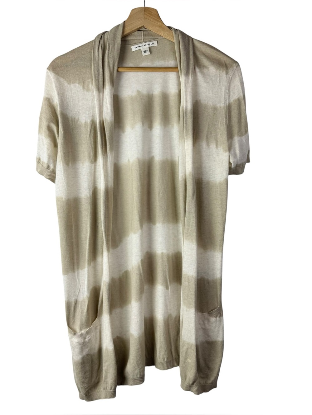 Banana Republic Beige & White Stripe Short Sleeve Cardigan Sweater L
